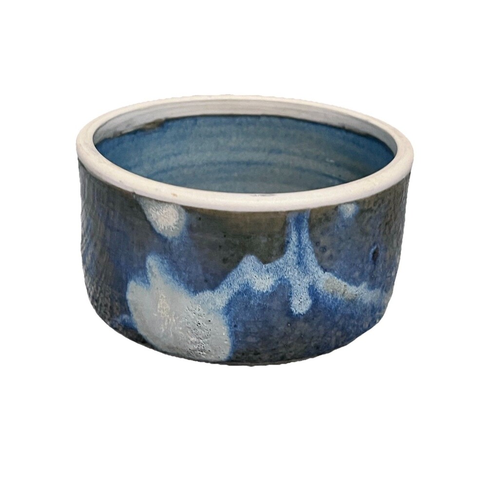 Hand Thrown Blue Handpainted Swirl Clay Bowl Artist Signed Ozol Glossy OOAK